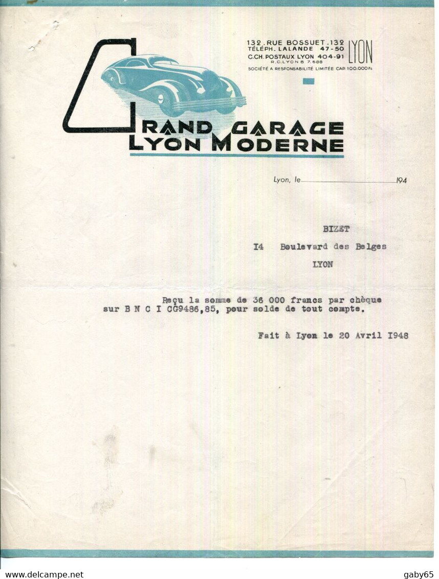 FACTURE.LYON.GRAND GARAGE MODERNE 132 RUE BOSSUET. - Auto's