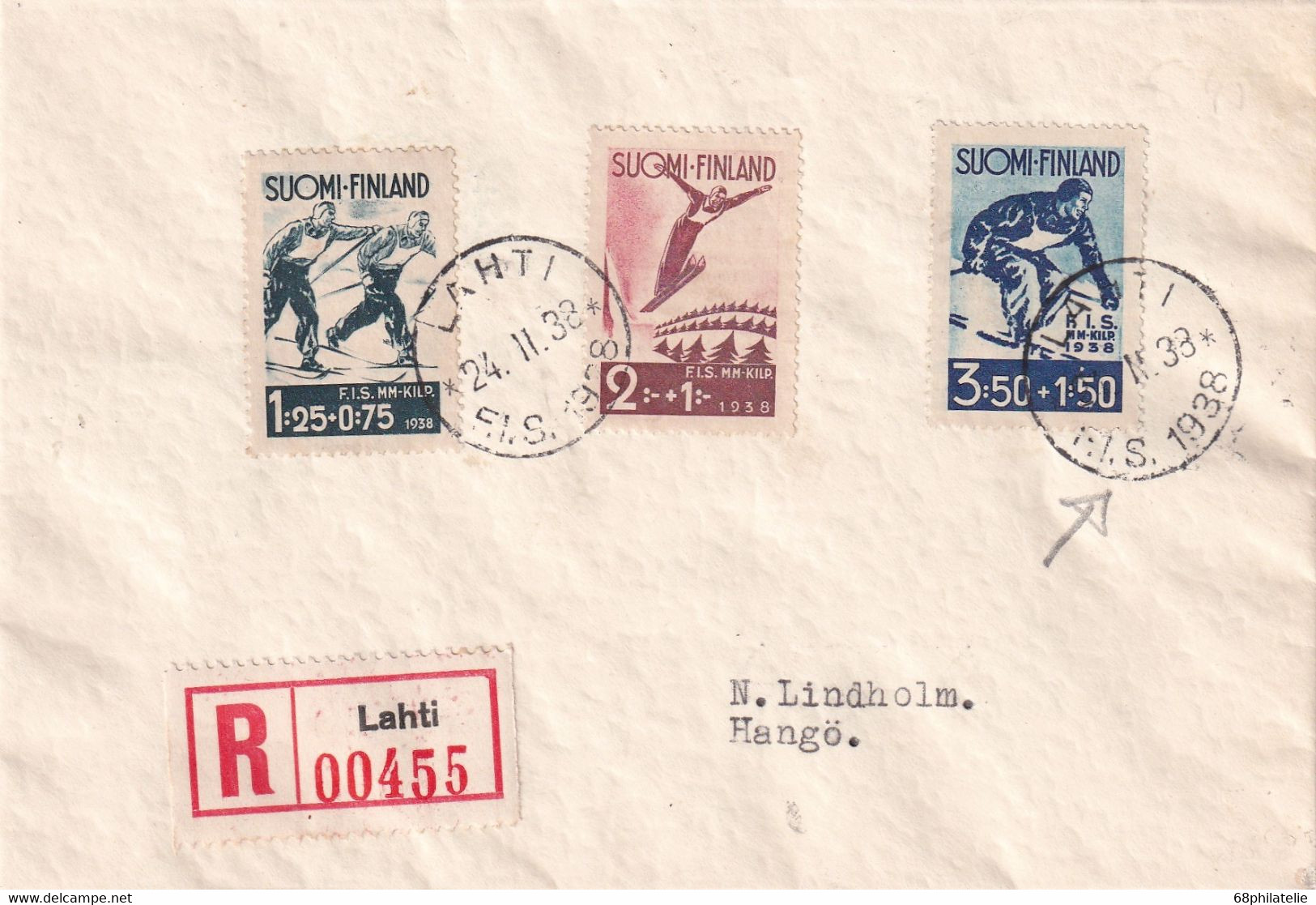 FINLANDE 1938 LETTRE RECOMMANDEE DE LAHTI CACHET F.I.S. AVEC CACHET ARRIVEE HANGÖ - Covers & Documents