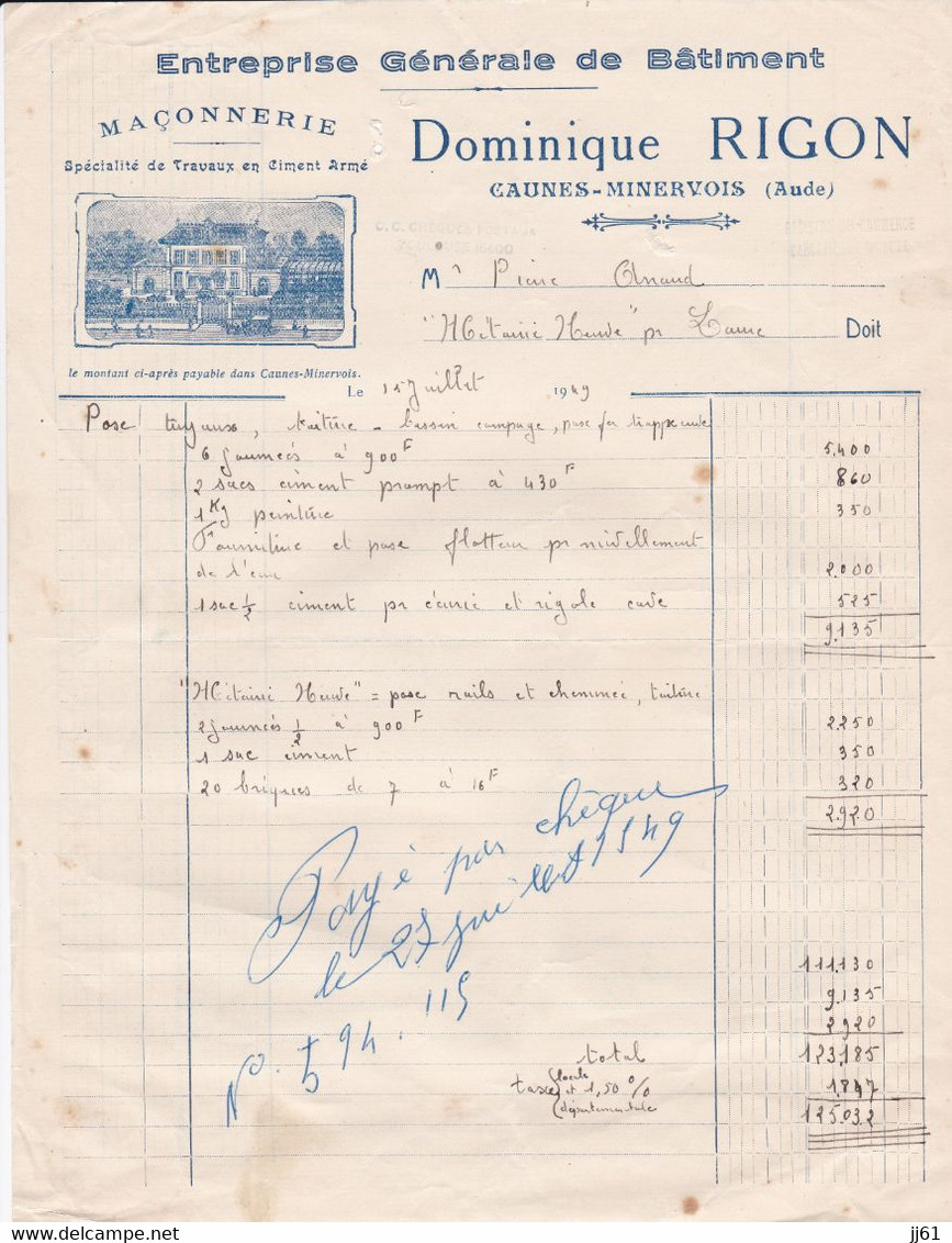 CAUNES MINERVOIS DOMINIQUE RIGON MACONNERIE GENERALE DE BATIMENT ANNEE 1949 ENTET MAISON - Otros & Sin Clasificación