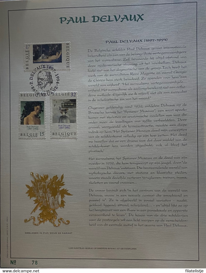 België Paul Delvaux Luxe Kunstblad Teken In 23 Kar. Goud Nr 78 Van De 500 Ex - Cartoline Commemorative - Emissioni Congiunte [HK]