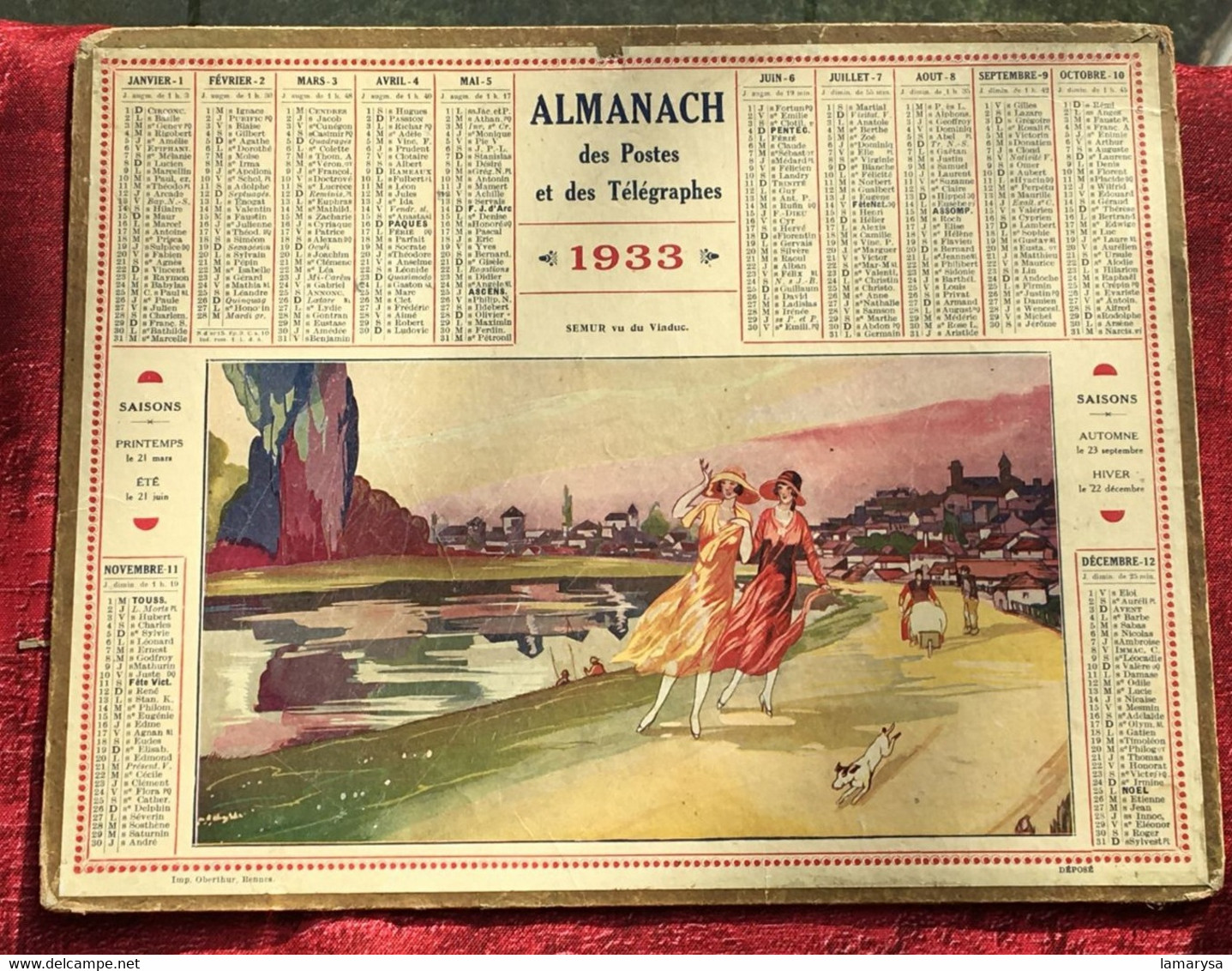 1933 Almanach Calendrier P.T.T SEMUR Vu Du Viaduc-MARNE-CHALONS-SUR-MARNE-Postes Et Télécommunications-☛Publicité-RARE- - Grand Format : 1921-40
