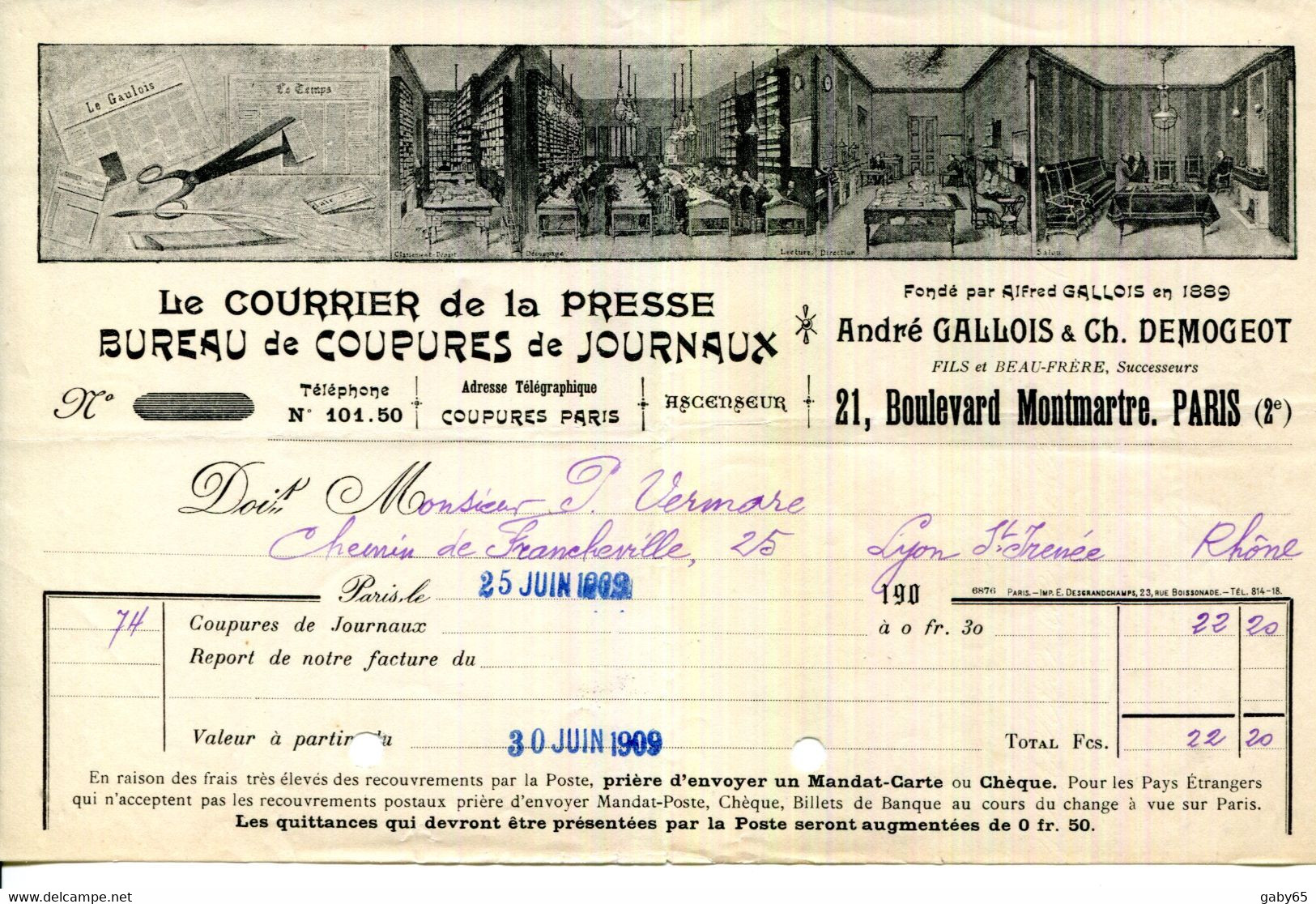 FACTURE.PARIS.LE COURRIER DE LA PRESSE.BUREAUX DES COUPURES DE JOURNAUX.GALLOIS & DEMOGEOT 21 BOULEVARD MONTMARTRE. - Imprimerie & Papeterie