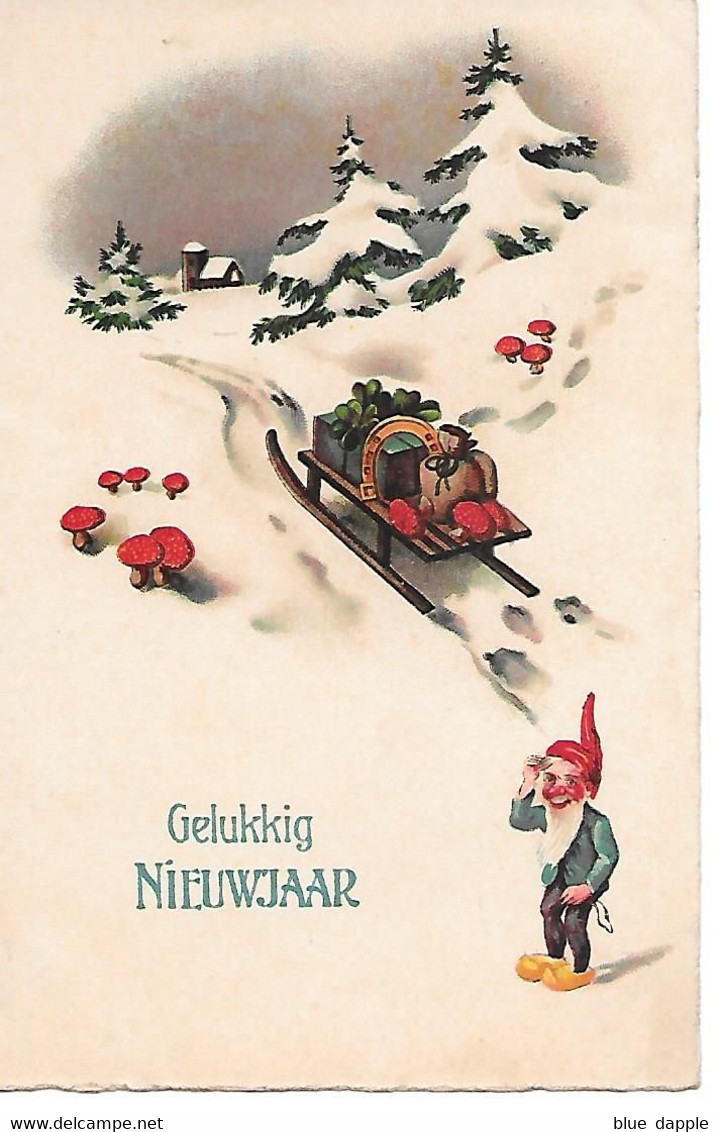 Gnome, Gnom, Lutin, Zwerg, Kobold, Gnomo, In Snow, Dans La Neige, Traîneau, Sled, Schlitten, Champignon, Pilze, Funghi - Nieuwjaar