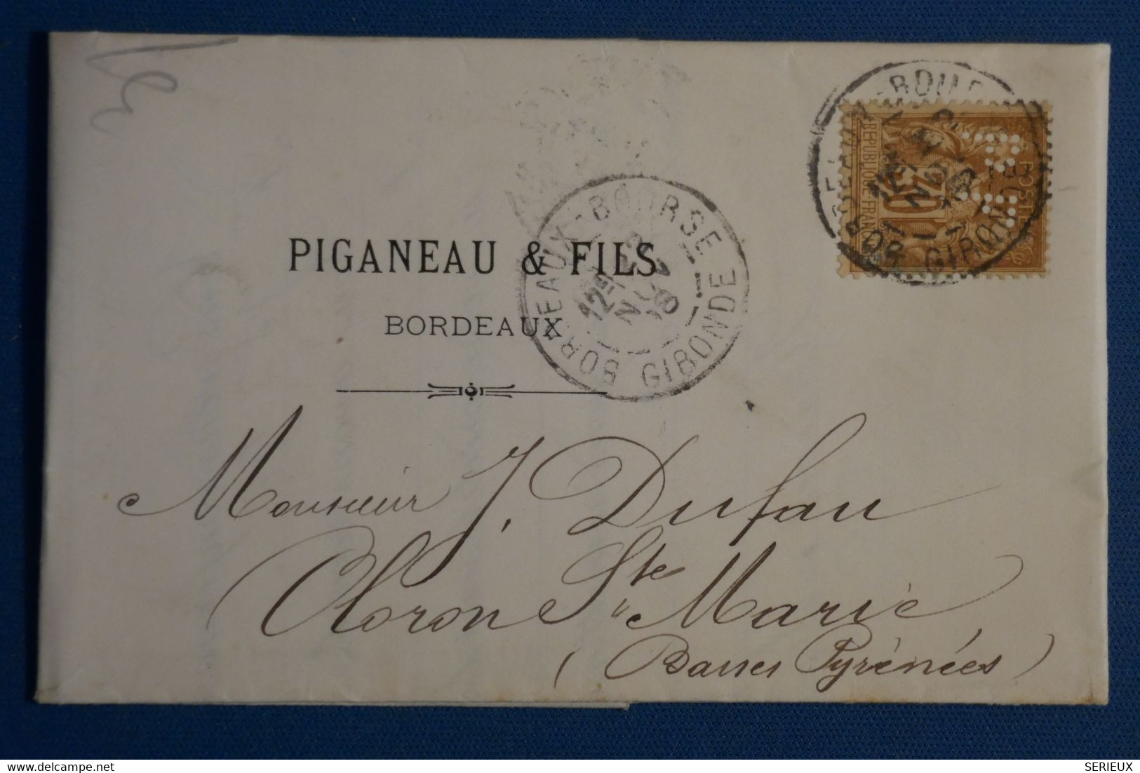 AH7 FRANCE  BELLE LETTRE 1898 PERFORé PF  +30 C+++ BORDEAUX POUR OLORON  + PERFIN + AFFRANCH. INTERESSANT - Sonstige & Ohne Zuordnung