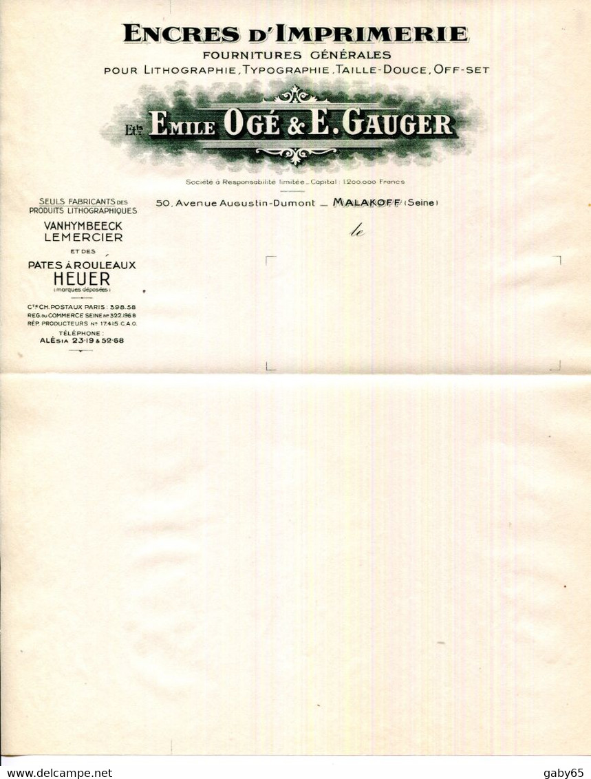 FACTURE.MALAKOFF.ENCRES D'IMPRIMERIE.FOURNITURES POUR LITHOGRAPHIE,TYPO,TAILLE DOUCE,OFF-SET.E.OGE & E.GAUGER. - Printing & Stationeries