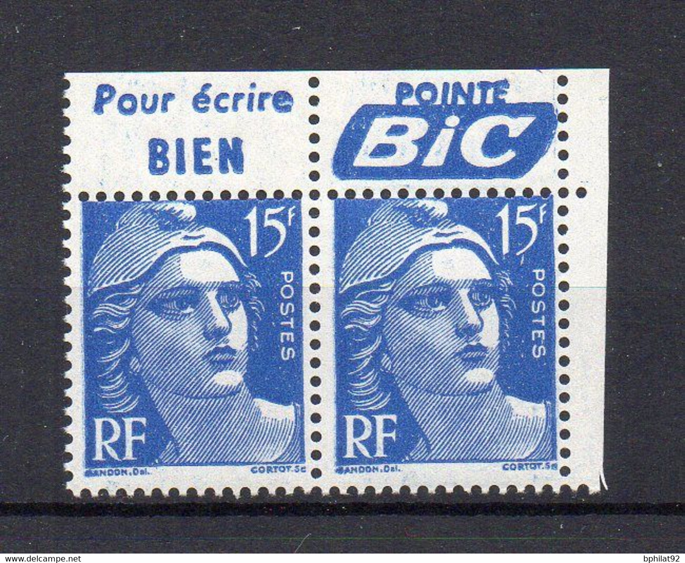 !!! 15 F MARIANNE DE GANDON, PAIRE AVEC BANDES PUB POINTE BIC NEUVE ** - Unused Stamps