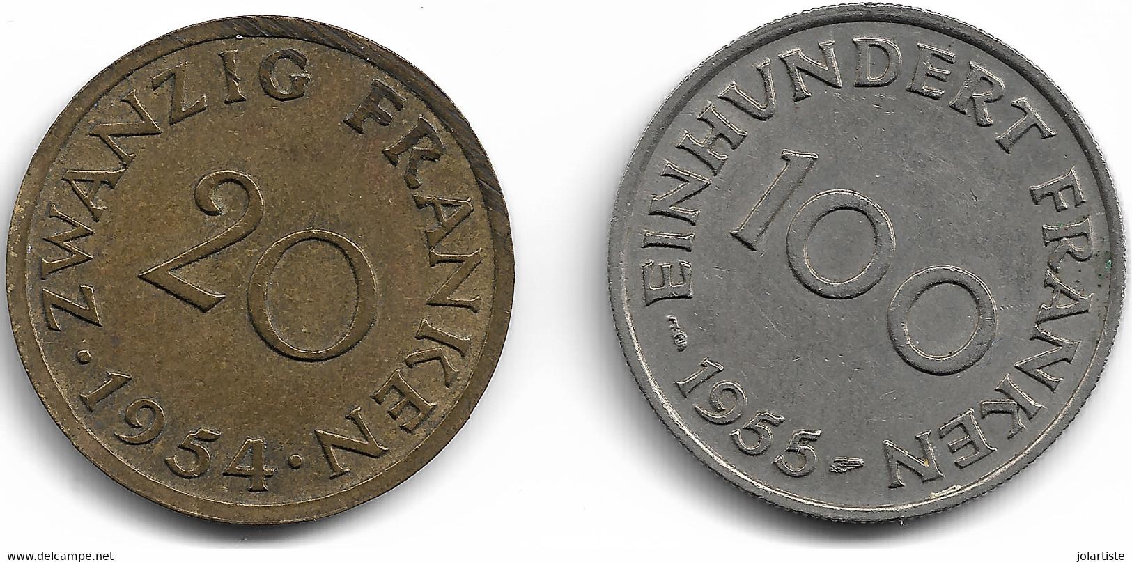 Monnaie France Sarre 2 Pieces 100 Franken 1955 Et 20 Franken 1954  Plat 3 N0104 - Otros & Sin Clasificación