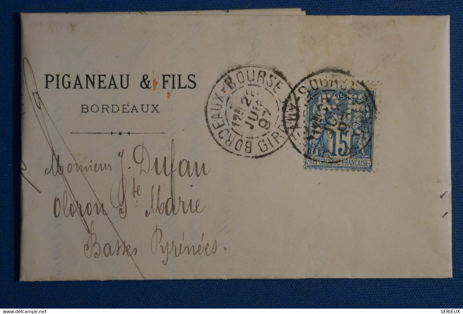 AH7 FRANCE  BELLE LETTRE 1897 PERFORé PF  +15 C SAGE+  BORDEAUX POUR OLORON  + PERFIN + AFFRANCH. PLAISANT - Andere & Zonder Classificatie