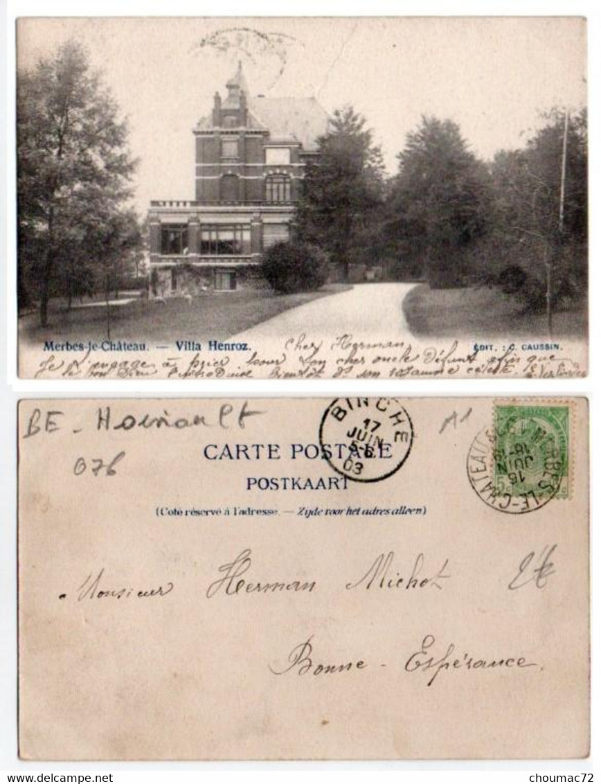 (Belgique) Hainaut 076, Merbes Le Château, Caussin, Villa Henroz, Dos Non Divisé - Merbes-le-Château