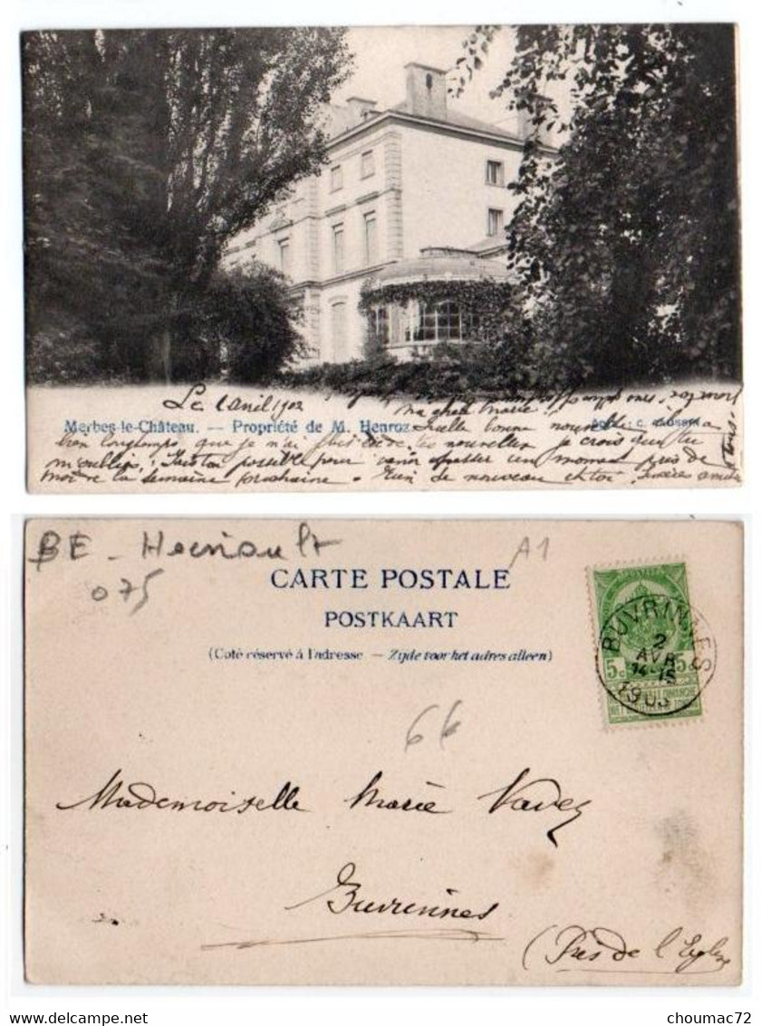 (Belgique) Hainaut 075, Merbes Le Château, Caussin, Propriété De M.  Henroz, Dos Non Divisé - Merbes-le-Château