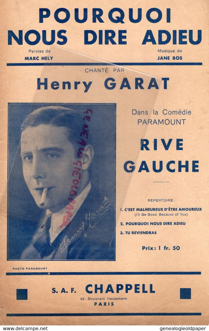 PARTITION MUSIQUE-POURQUOI NOUS DIRE ADIEU-HENRY GARAT-RIVE GAUCHE-MARC HELY-JANE BOS-PARAMOUNT-CHAPPELL PARIS 1931 - Scores & Partitions