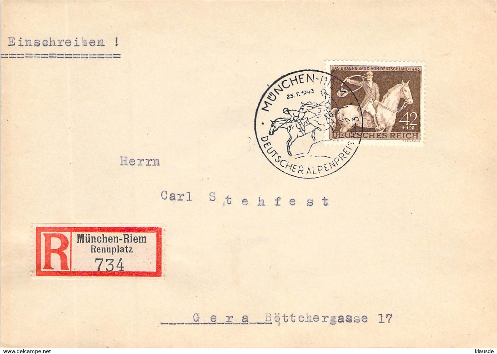 MiNr.854 SST Deutscher Alpenpreis 25.7.1943 - Briefe U. Dokumente