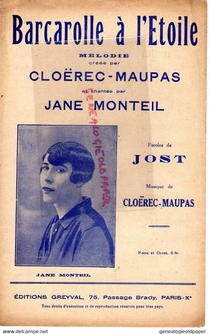 PARTITION MUSIQUE-BARCAROLLE A L' ETOILE-CLOEREC MAUPAS -JANE MONTEIL- JOST-MARGUERITE GREYVAL PARIS 1926 - Scores & Partitions