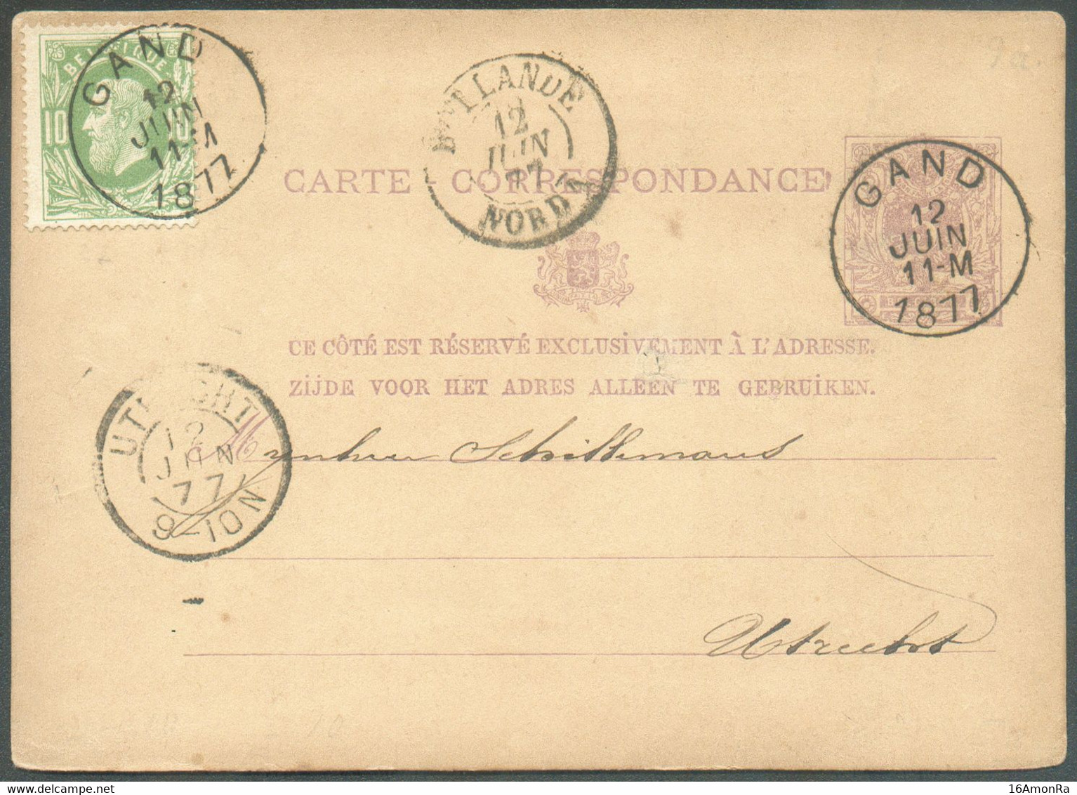 N°30 En Affr. Compl. S/E.P. Carte 5 Cent. Lilas, Obl. Sc GAND 12 Juin 1877 Vers Utrecht (Pays-Bas) + Dc HOLLANDE/NORD I. - Cartes Postales 1871-1909