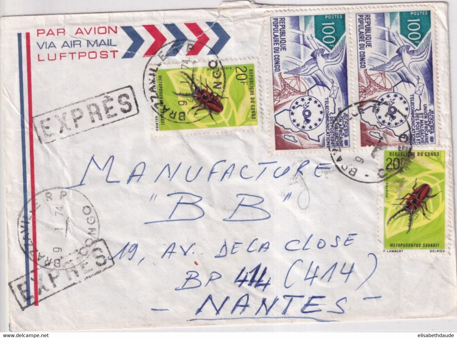 CONGO - 1974 - ENVELOPPE RECOMMANDEE EXPRES ! Par AVION De BRAZZAVILLE => NANTES - Otros & Sin Clasificación