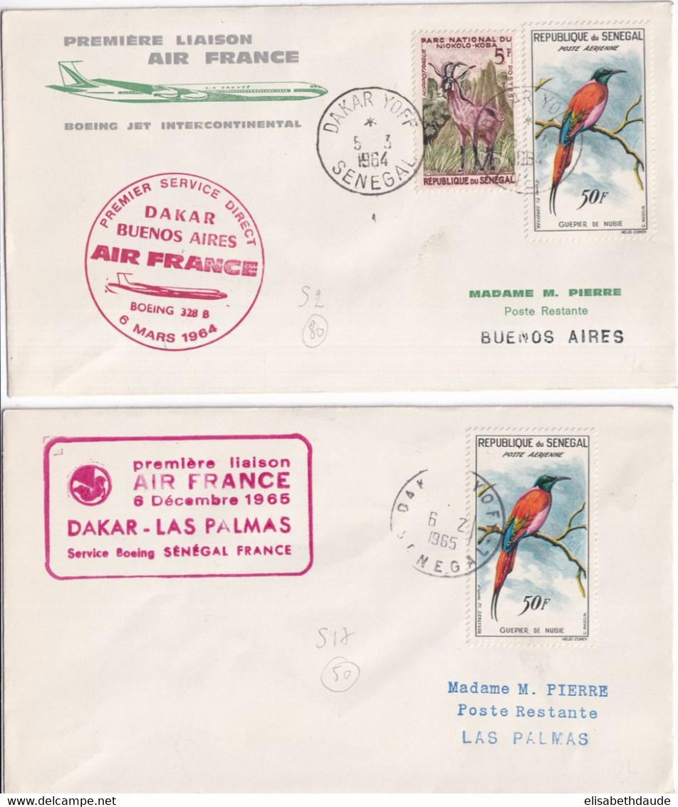 SENEGAL - 1964/65 - 2 ENVELOPPES AIR FRANCE 1° VOL De DAKAR => LAS PALMAS Et BUENOS AIRES - OISEAUX - Sénégal (1960-...)