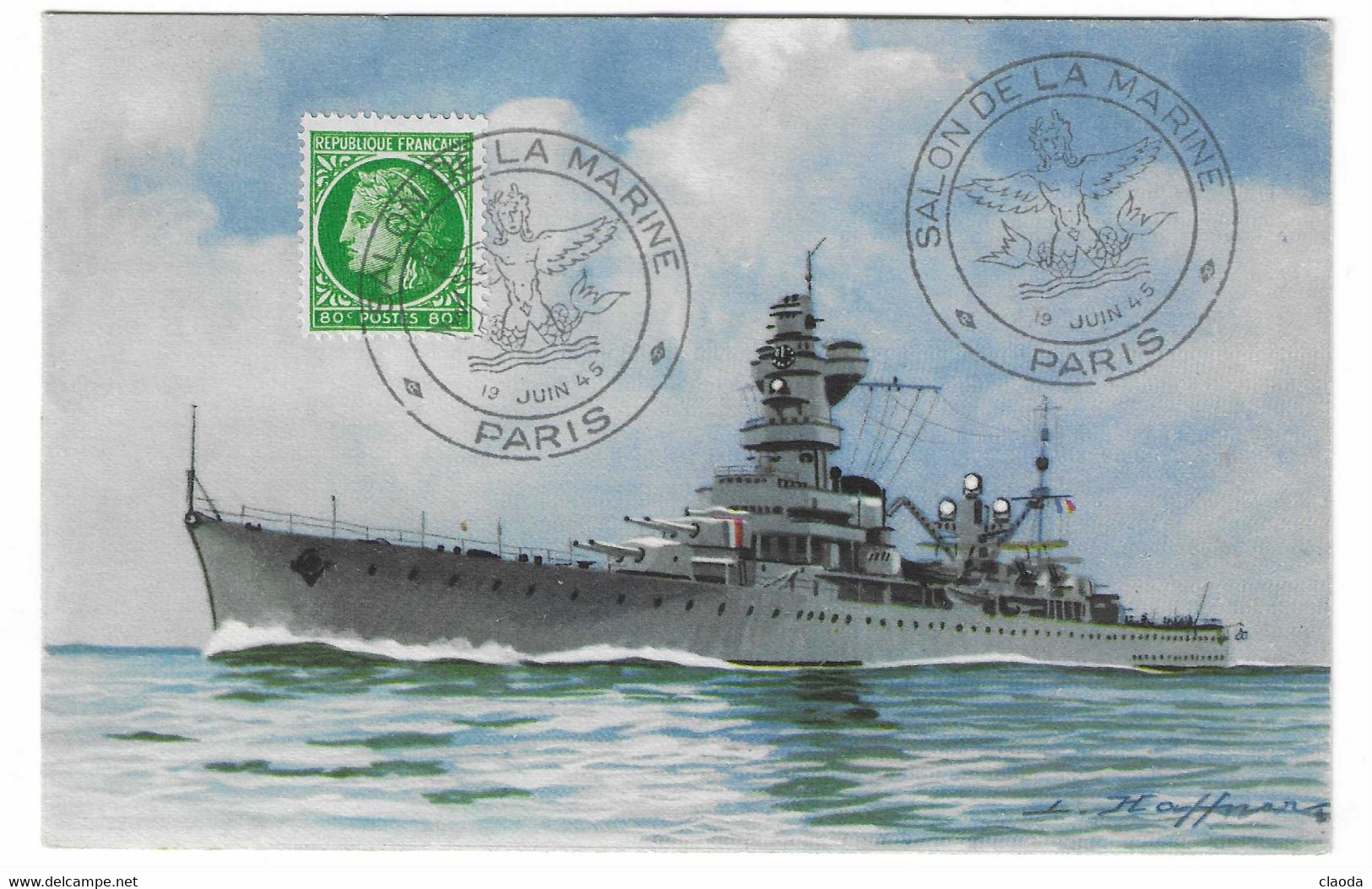 98 SM - SALON DE LA MARINE 1945 -Croiseur ALGÉRIE - Illustrateur L. HAFFNER -  Cachet à Date 19  Juin 1945 - Seepost