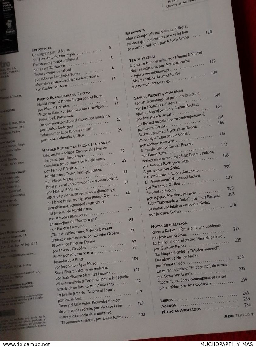 REVISTA ADE TEATRO DE LA ASOCIACIÓN DIRECTORES ESCENA ESPAÑA Nº 111 JUL.-SEP. 2006 HAROLD PINTER SAMUEL BECKETT ETC..... - [4] Thèmes