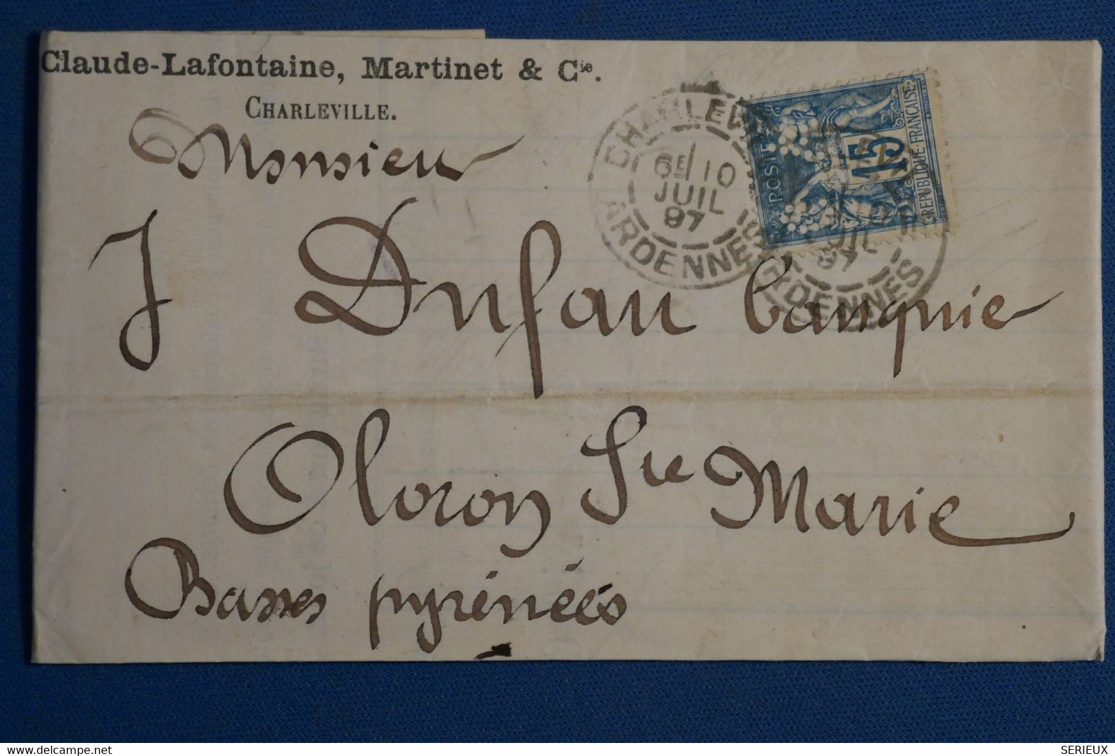 AH7 FRANCE BELLE LETTRE 1897 PERFORé CA +15C SAGE+CHARLEVILLE POUR OLORON + PERFIN + AFFRANCH. PLAISANT - Other & Unclassified