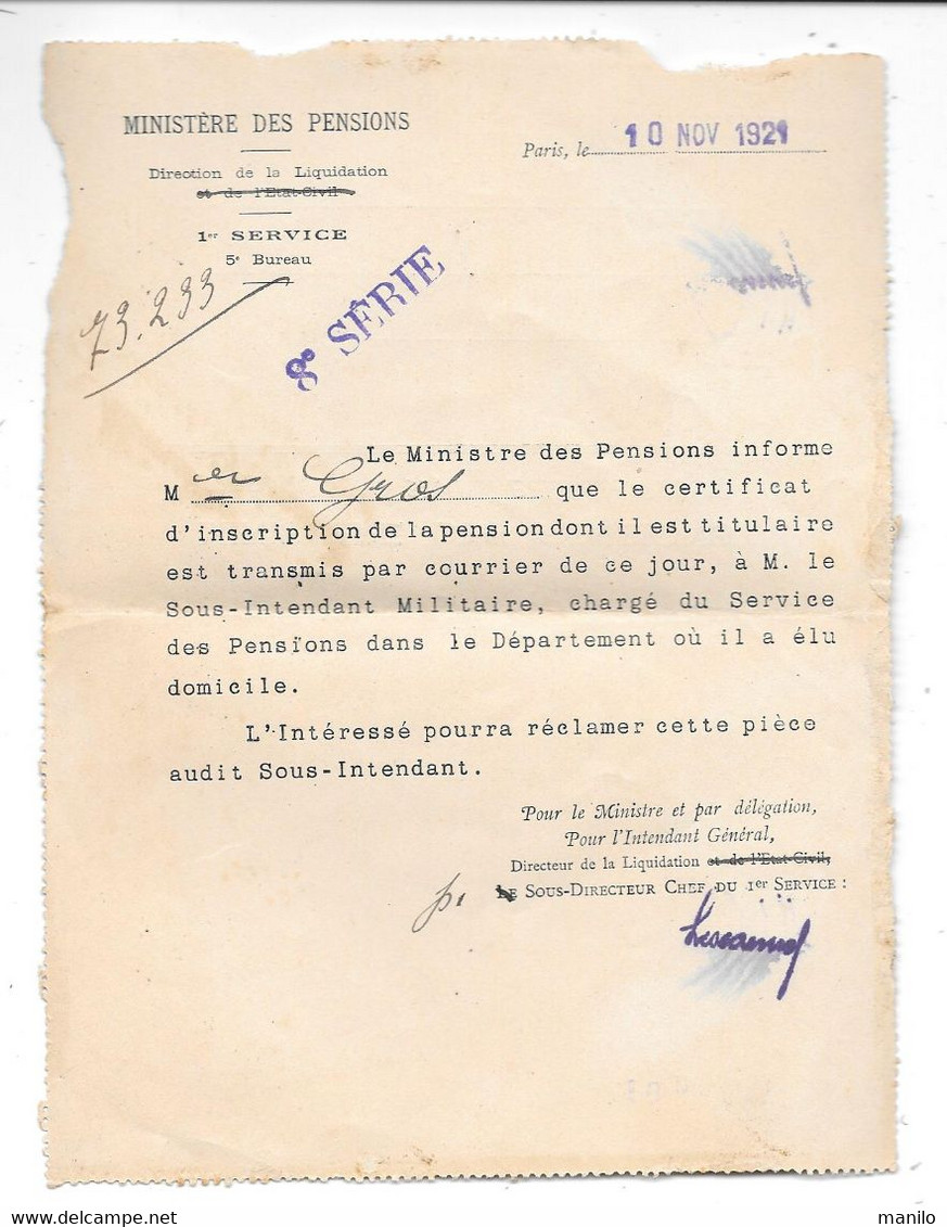 MINISTERE Des PENSIONS, PAIEMENTS, ALLOCATIONS De GUERRE - 1921-Certificat D'Inscription - Guerre 1914/18- LORGUES (VAR) - Documenti