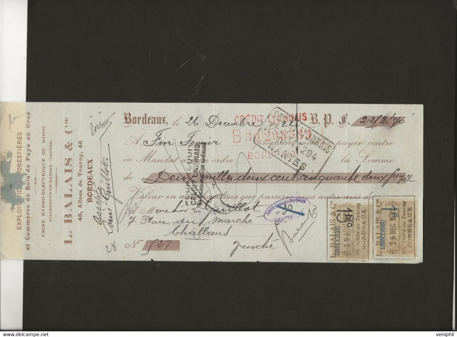 LETTRE DE CHANGE TIMBREE-  EXPLOITATIONS FORESTIERES- L.BALAIS - BORDEAUX -ANNEE 1922 - Bills Of Exchange