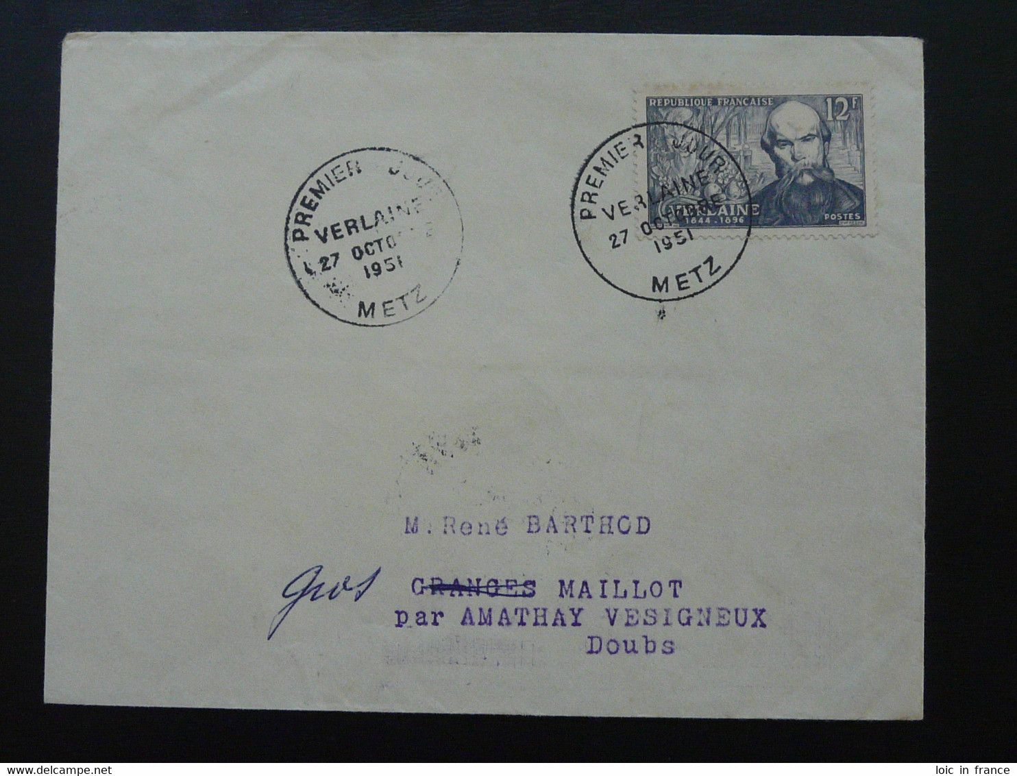 Lettre FDC Cover Paul Verlaine Metz 57 Moselle 1951 - 1950-1959