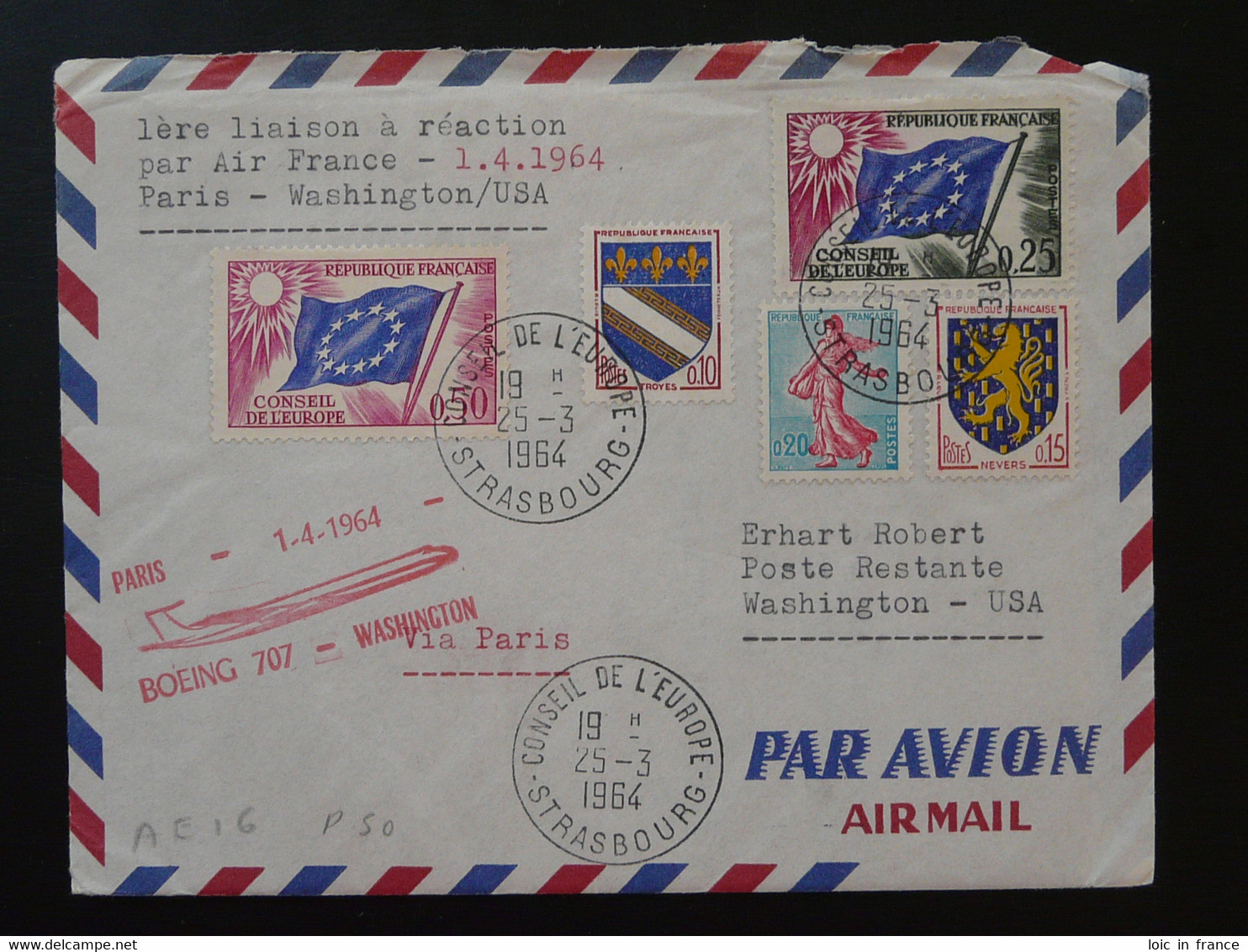 Lettre Timbres De Service Conseil De L'Europe Sur Premier Volfirst Flight Cover Paris Washington Air France 1964 - Lettres & Documents