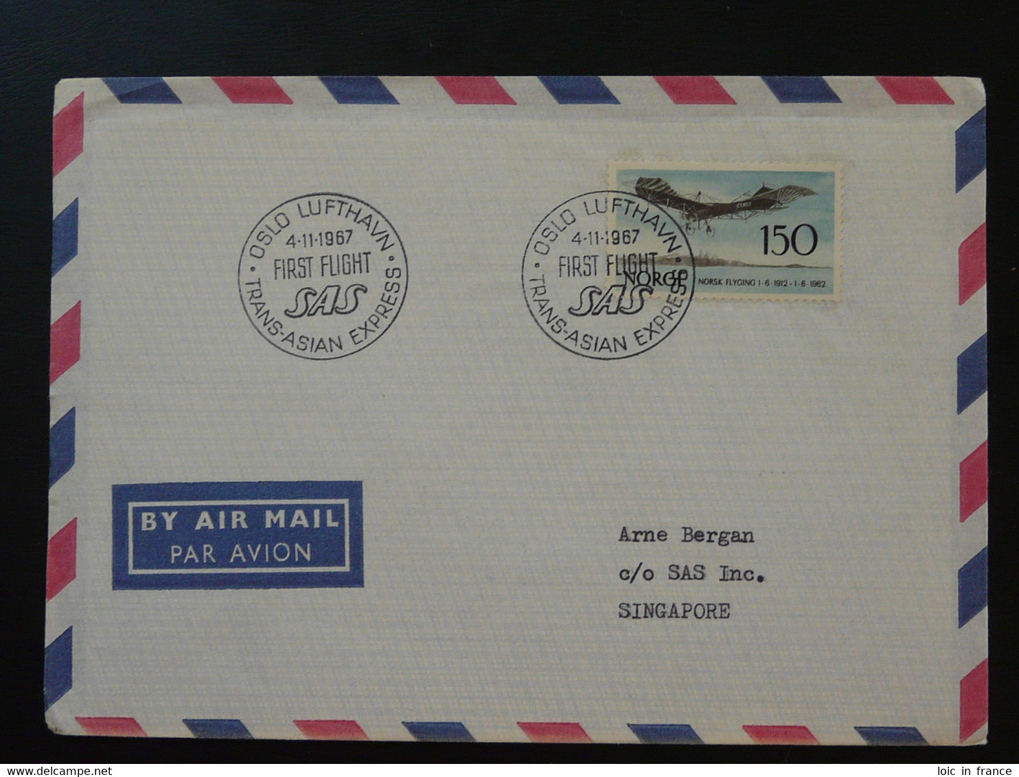 Lettre Premier Vol First Flight Cover Oslo Singapore Trans Asian Express SAS 1967 - Covers & Documents