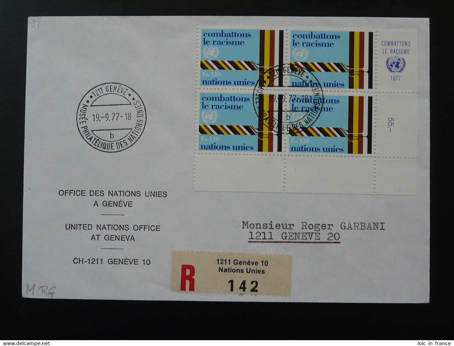 Lettre Recommandée Registered Cover Combattre Le Racisme Nations Unies United Nations 1977 - Briefe U. Dokumente