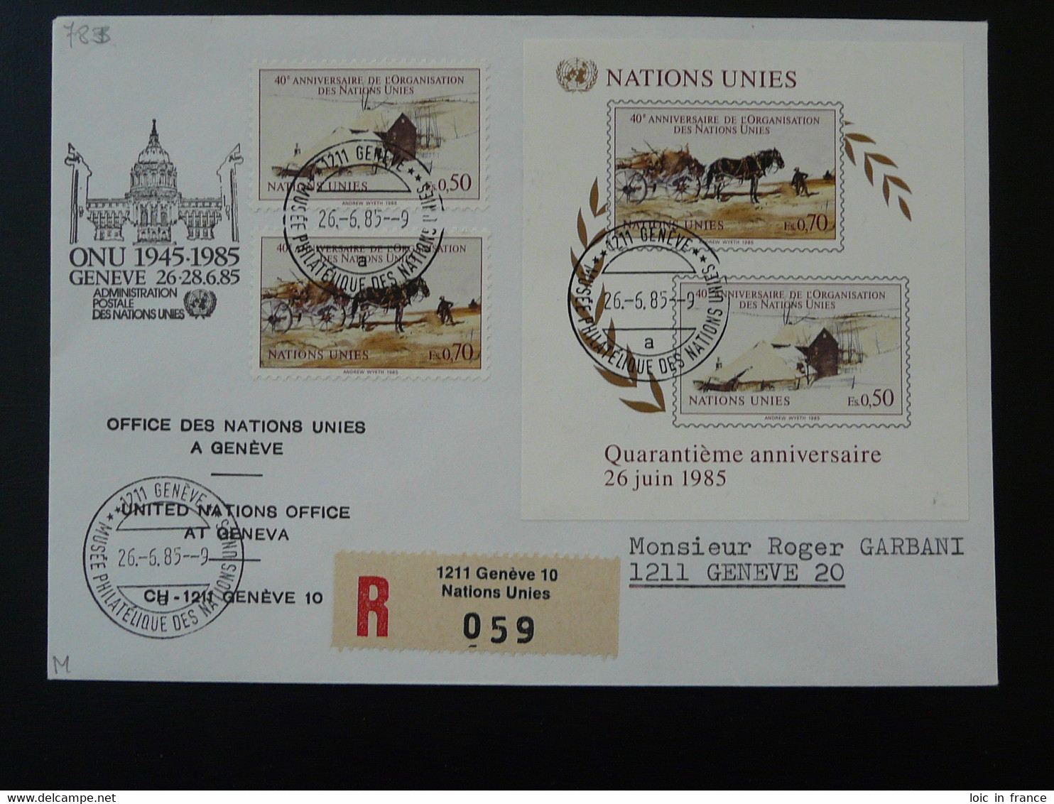 Lettre Recommandée Registered Cover Nations Unies United Nations 1985 - Briefe U. Dokumente