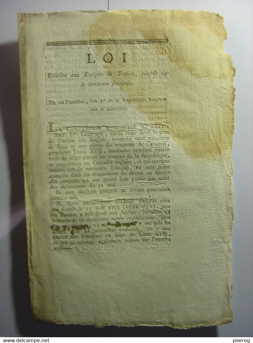 LOI DE 1795 RELATIVE AUX EMIGRES DE TOULON RENTRES SUR LE TERRITOIRE - Bulletin - Gesetze & Erlasse
