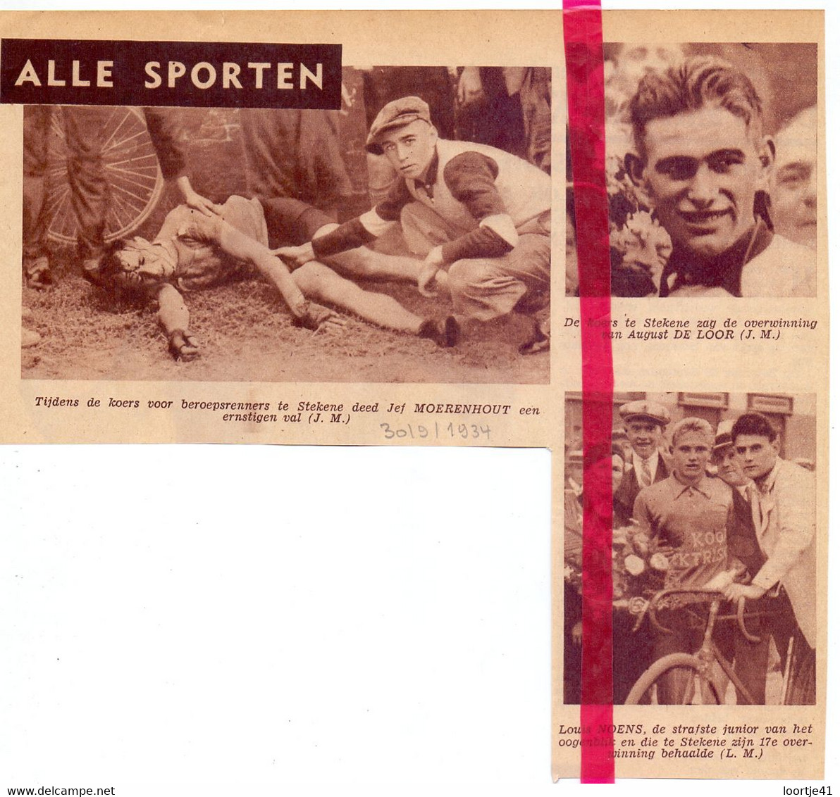 Stekene - Koers Wielrennen Ongeval Jef Moerenhout, Winnaar De Loor - Orig. Knipsel Coupure Tijdschrift Magazine - 1934 - Non Classés