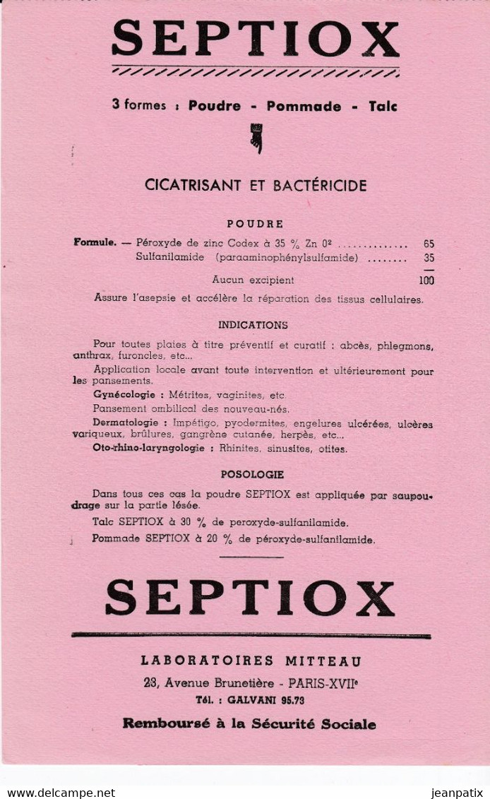 BUVARD & BLOTTER - Pharmacie - SEPTIOX Cicatrisant Et Bactéricide - Laboratoire MITTEAU - PARIS XVII ème - Produits Pharmaceutiques
