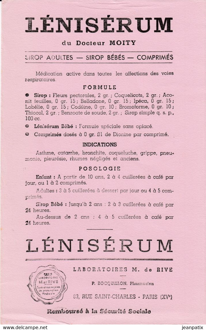 BUVARD & BLOTTER - Pharmacie - LENISERUM Du Docteur MOITY - Laboratoire M. DE RIVE - BOCQUILLON Pharmacien Paris XVème - Produits Pharmaceutiques