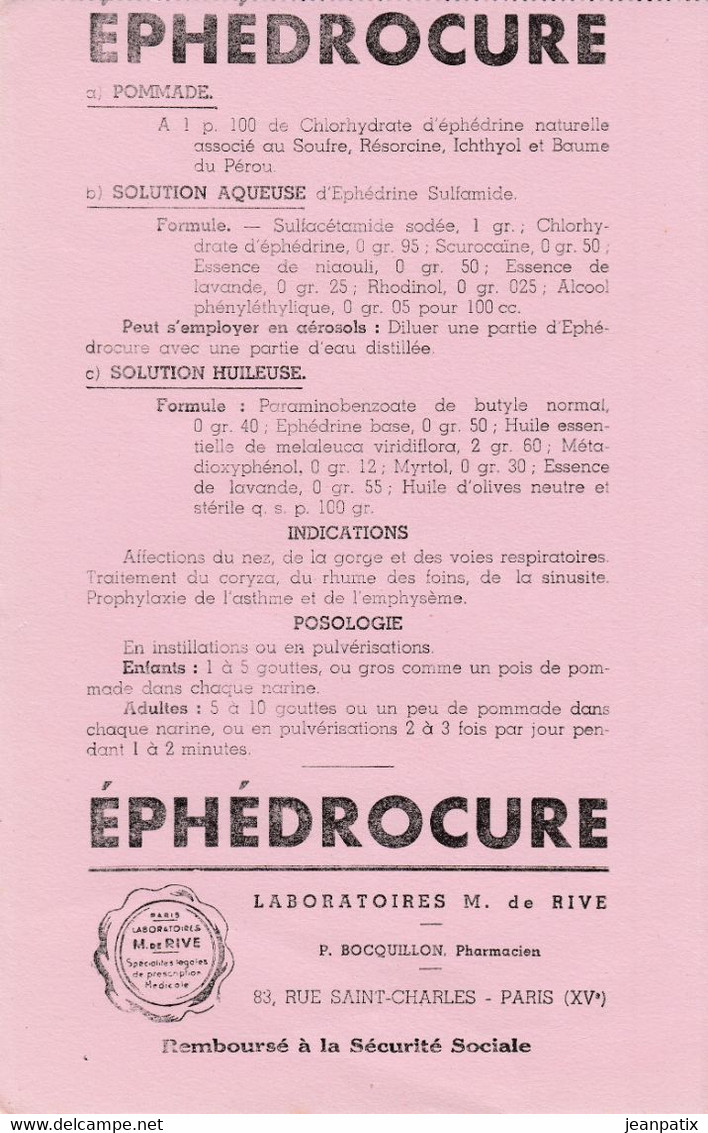 BUVARD & BLOTTER - Pharmacie - EPHEDROCURE  - Laboratoire M. DE RIVE - BOCQUILLON Pharmacien Paris XVème - Produits Pharmaceutiques
