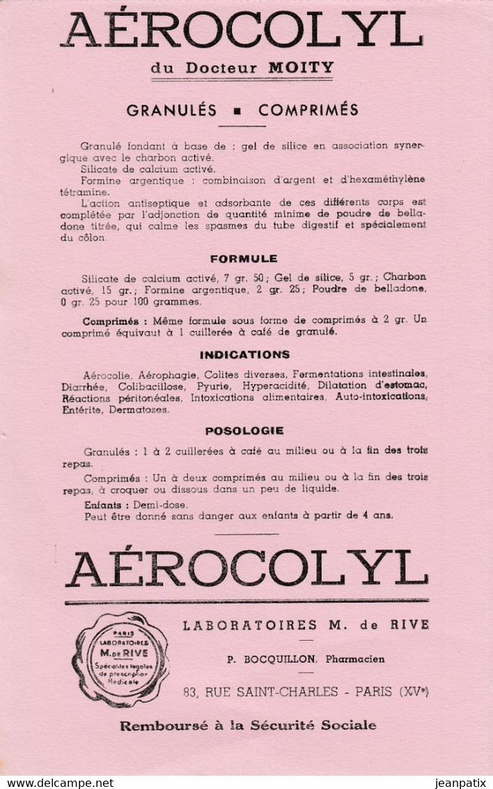 BUVARD & BLOTTER - Pharmacie - AEROCOLYL Du Docteur MOITY  - Laboratoire M. DE RIVE - BOCQUILLON Pharmacien Paris XVème - Produits Pharmaceutiques