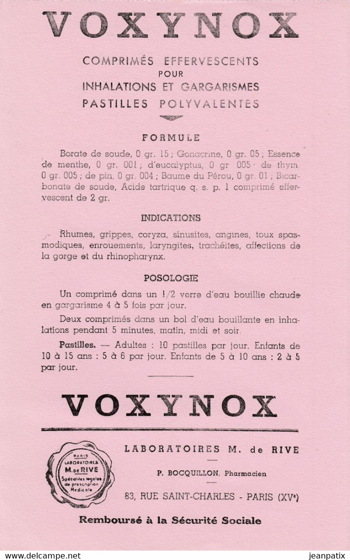 BUVARD & BLOTTER - Pharmacie - VOXYNOX Formule Posologie  - Laboratoire M. DE RIVE - BOCQUILLON Pharmacien Paris XVème - Produits Pharmaceutiques