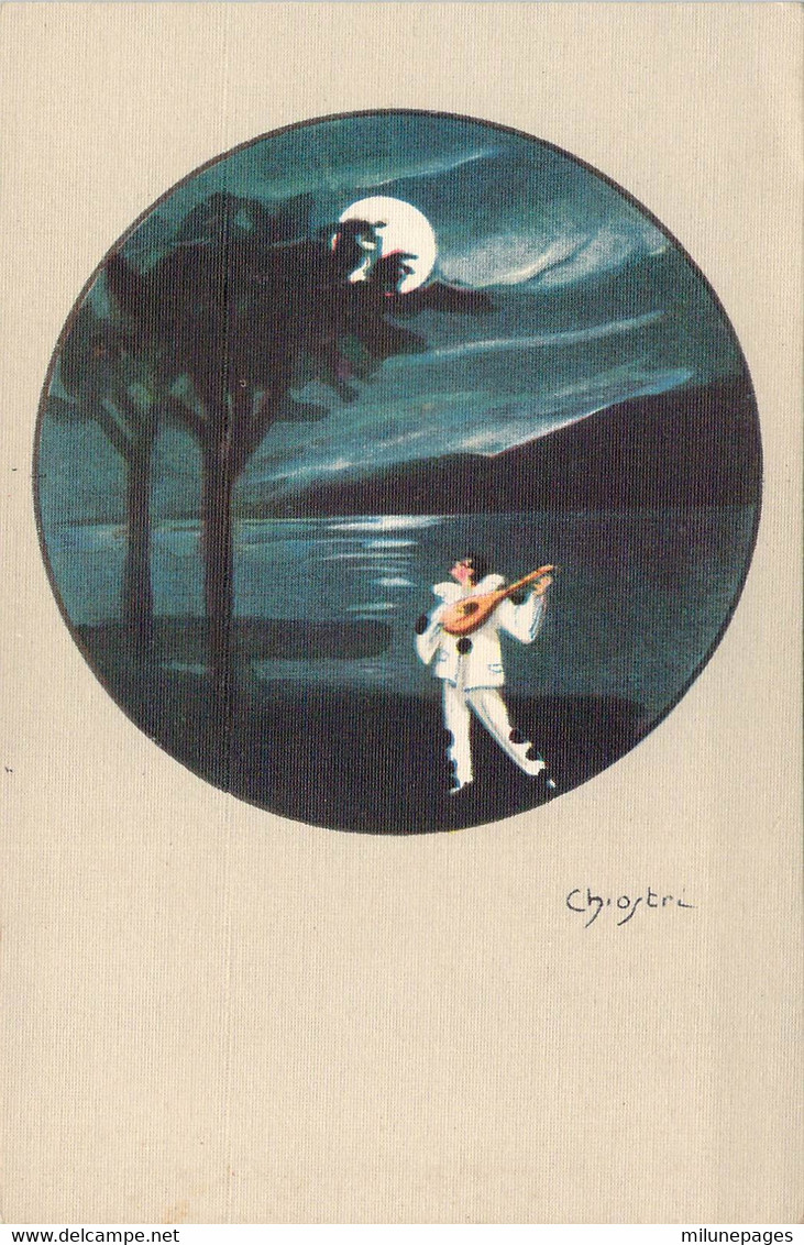 Superbe Carte Illustrée Par Carlo Chiostri D'un Pierrot à La Lune Avec Sa Mandoline - Chiostri, Carlo