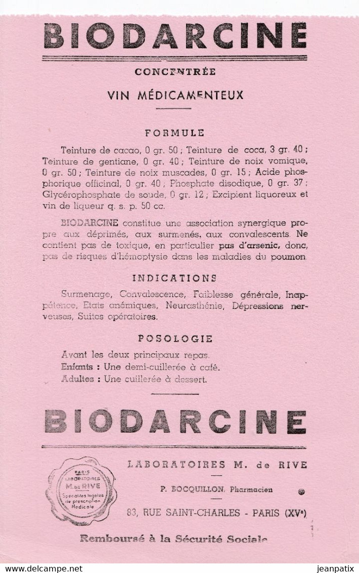 BUVARD & BLOTTER - Pharmacie - BIODARCIN Formule Posologie  - Laboratoire M. DE RIVE - BOCQUILLON Pharmacien Paris XVème - Produits Pharmaceutiques