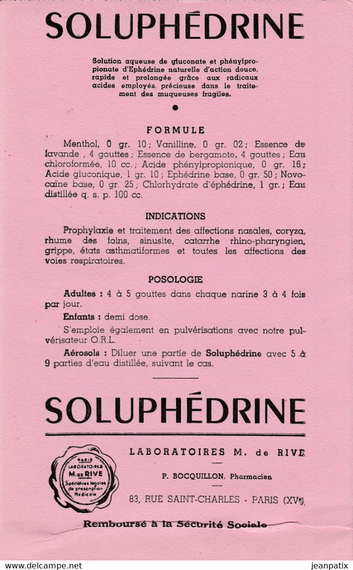 BUVARD & BLOTTER - Pharmacie - SOLUPHEDRINE Posologie  - Laboratoire M. DE RIVE - BOCQUILLON Pharmacien Paris XVème - Produits Pharmaceutiques