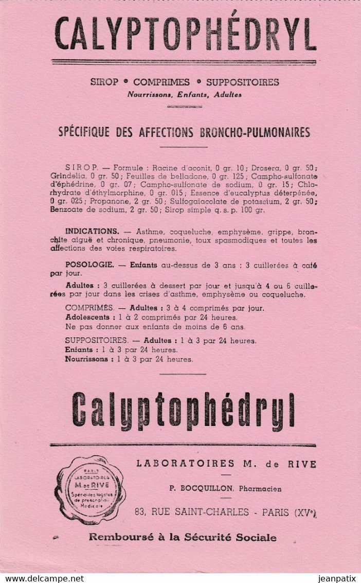 BUVARD & BLOTTER - Pharmacie - CALYPTOPHEDRYL  - Laboratoire M. DE RIVE - BOCQUILLON Pharmacien Paris XVème - Produits Pharmaceutiques