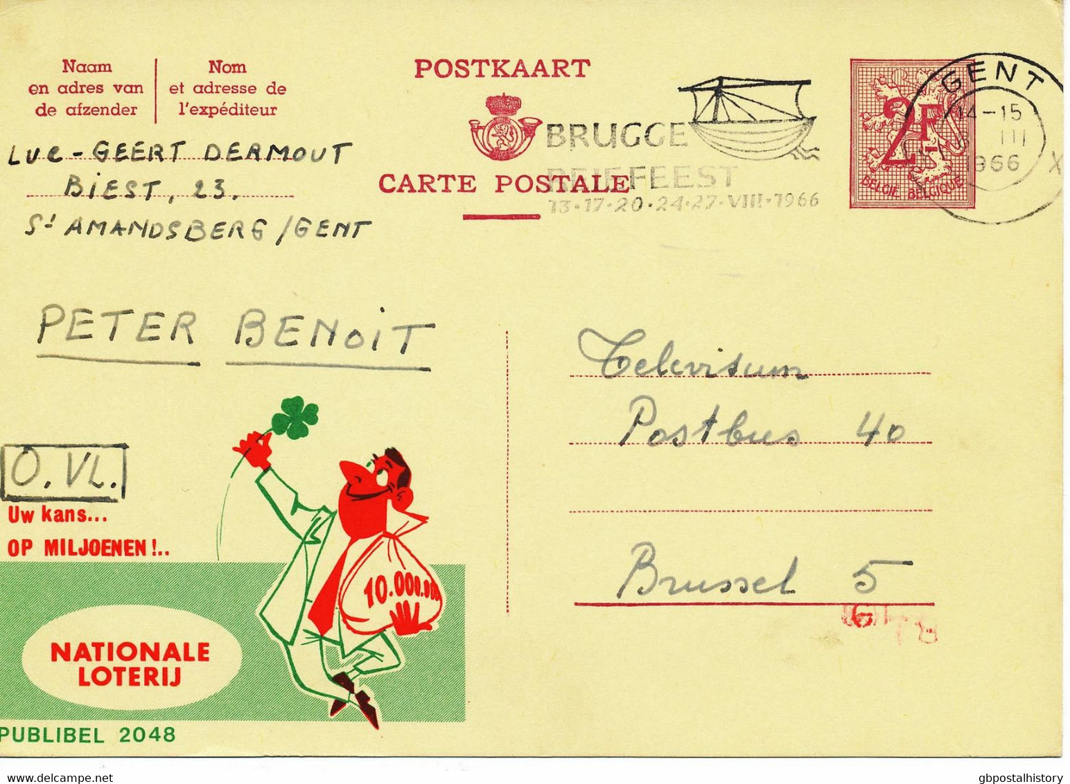 BELGIEN Publibel 2048, 2 Fr. Nationale Loterij 1966 BRUGGE - BRUGGE / REIEFEEST / 13-17-20-24-27-VIII-1966   Mit Früher - Timbres Téléphones [TE]