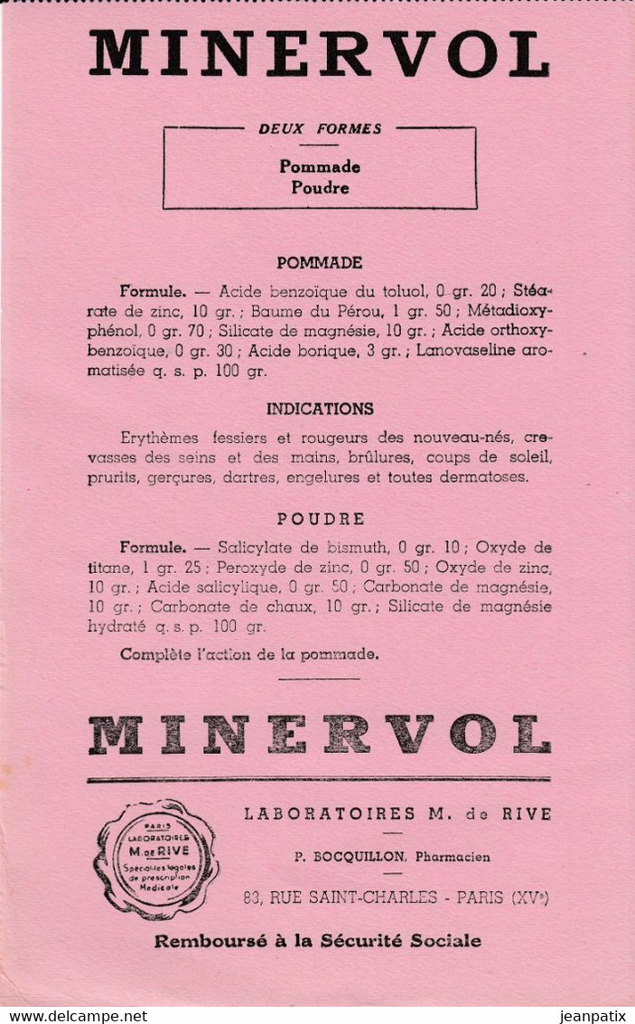 BUVARD & BLOTTER - Pharmacie - MINERVOL Formule Indication  - Laboratoire M. DE RIVE - BOCQUILLON Pharmacien Paris XVème - Produits Pharmaceutiques