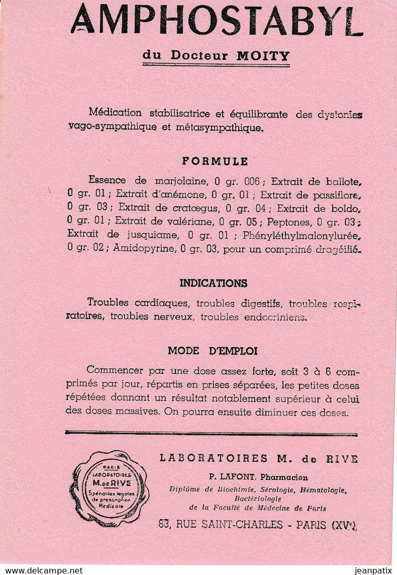 BUVARD & BLOTTER - Pharmacie - AMPHOSTABYL Du Docteur MOITY - Laboratoire M. DE RIVE - BOCQUILLON Pharmacien Paris XVème - Produits Pharmaceutiques