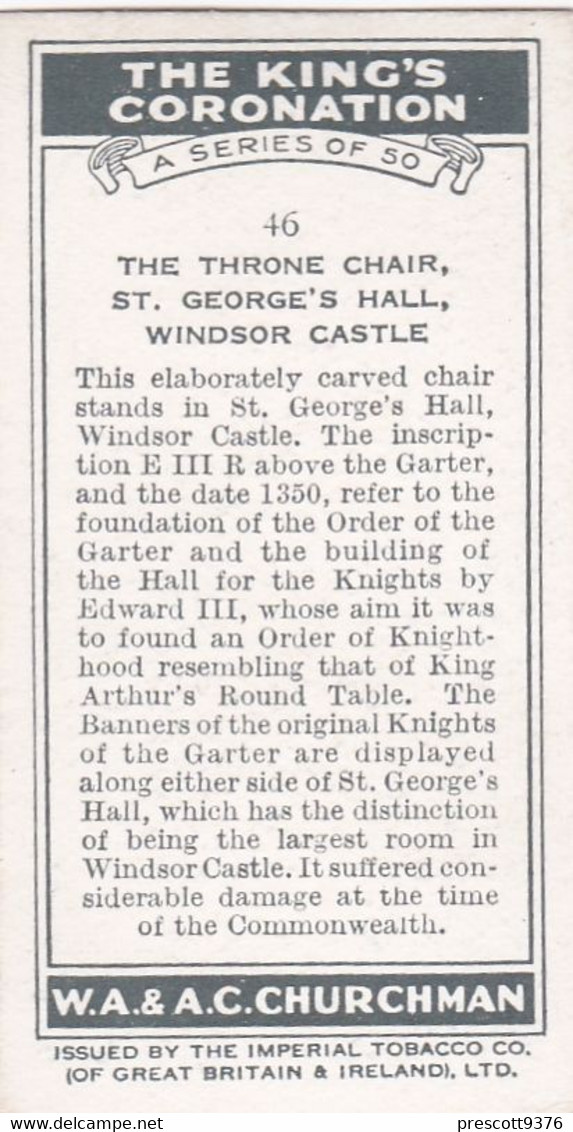 The Kings Coronation 1937 - 46 Throne, Windsor Castle - Churchman Cigarette Card - Original - Royalty - Churchman