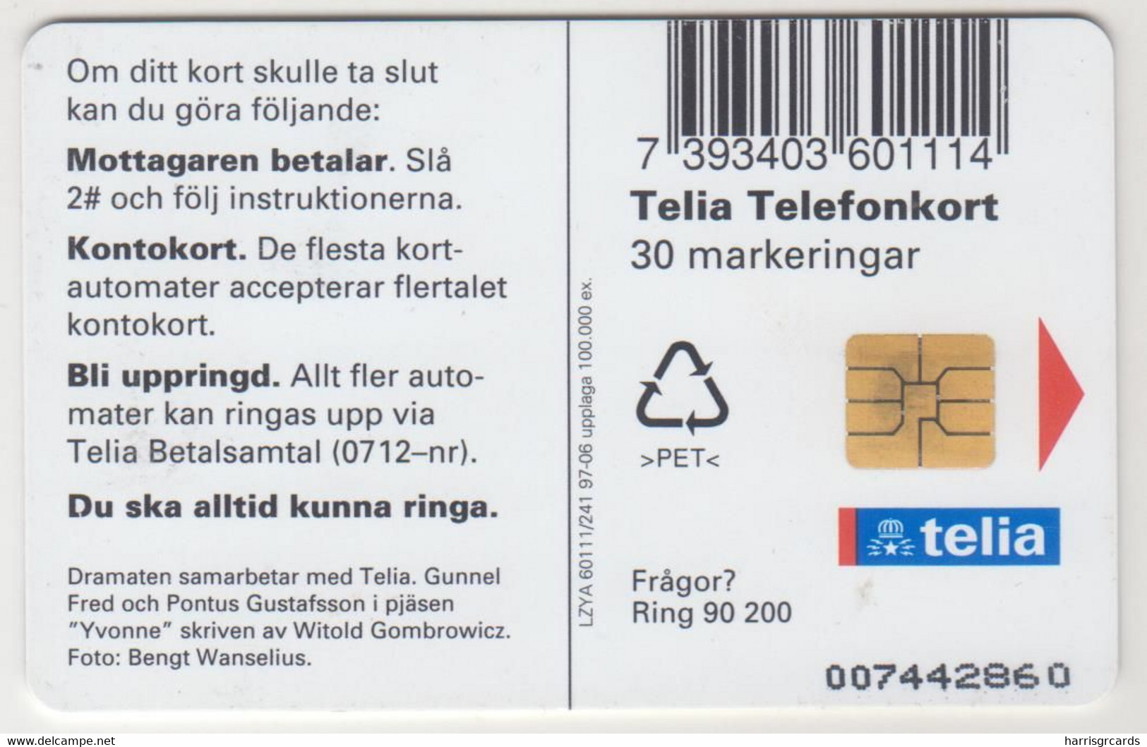 SWEDEN - Teatro Dramaten, Gunnel Fred , Telia 30U, 06/97, Tirage 100.000, Used - Schweden