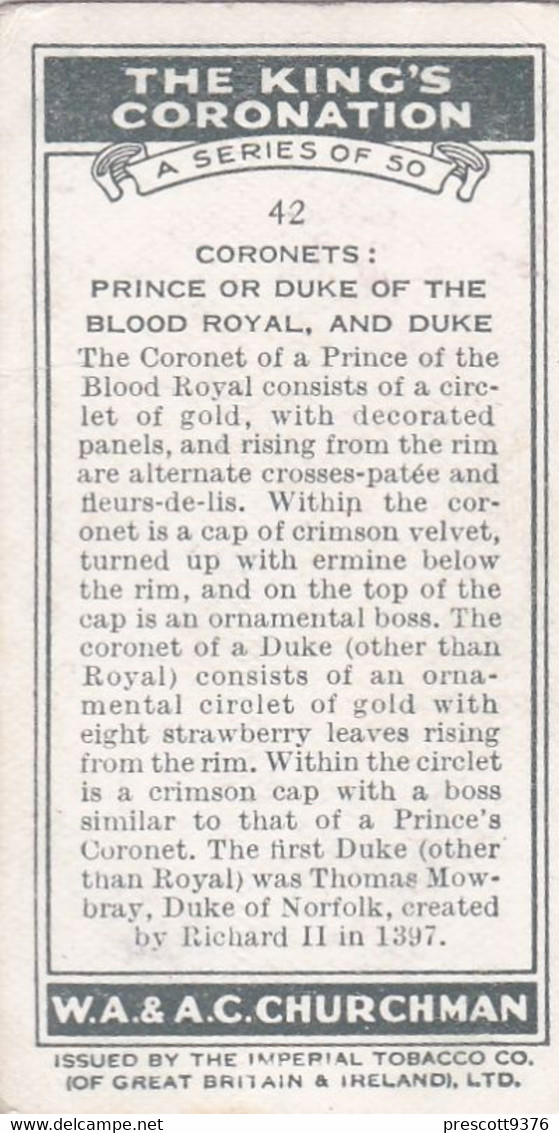 The Kings Coronation 1937 - 42 Coronets- Churchman Cigarette Card - Original - Royalty - Churchman