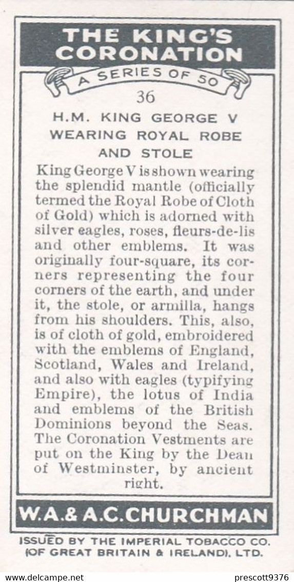 The Kings Coronation 1937 - 36 HM King George V- Churchman Cigarette Card - Original - Royalty - Churchman
