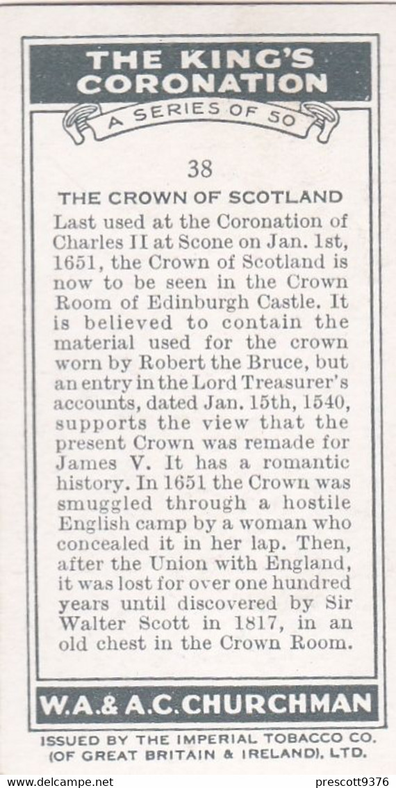 The Kings Coronation 1937 - 38 Crown Of Scotland - Churchman Cigarette Card - Original - Royalty - Churchman