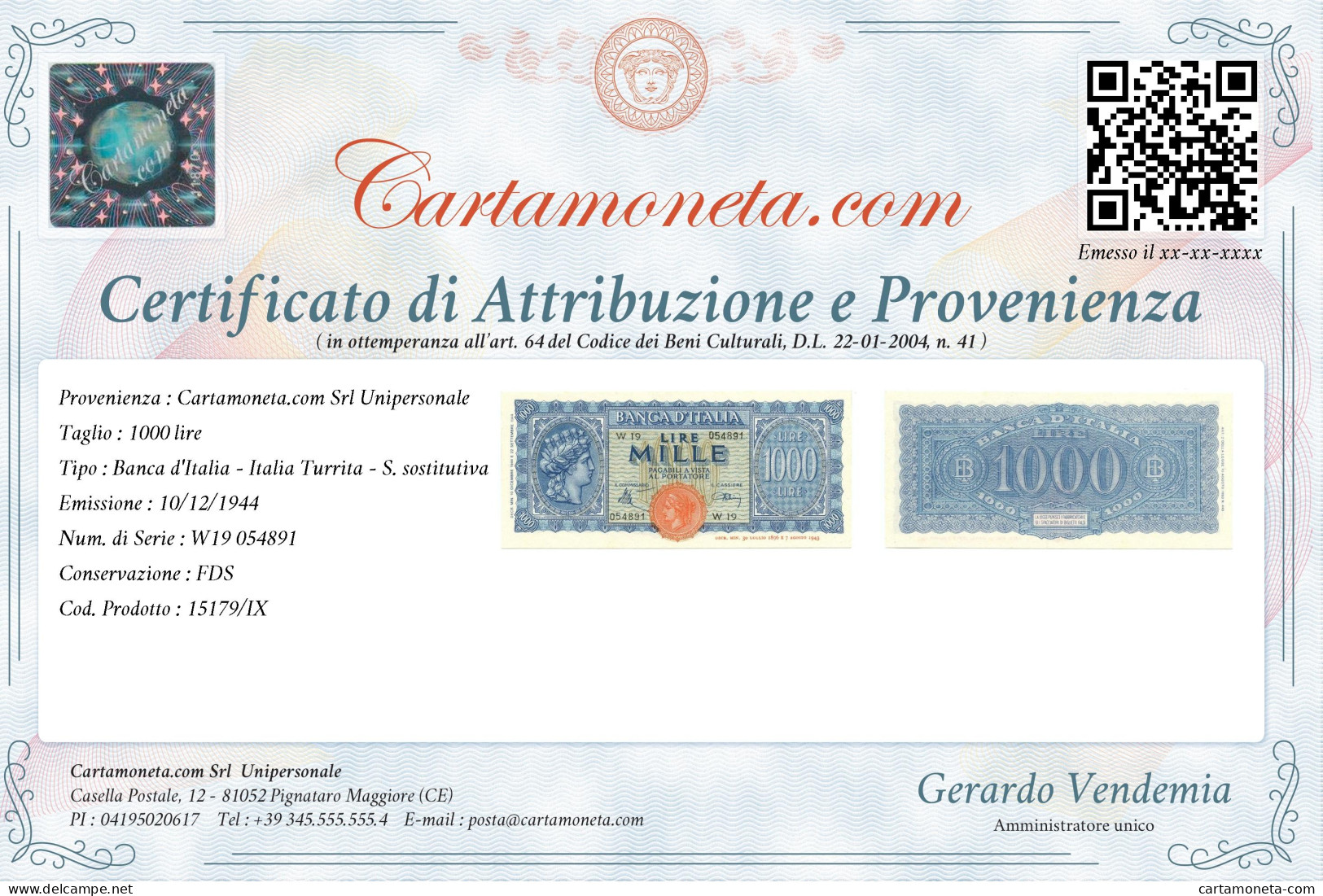 1000 LIRE ITALIA TURRITA TESTINA SERIE SOSTITUTIVA 10/12/1944 FDS - Andere